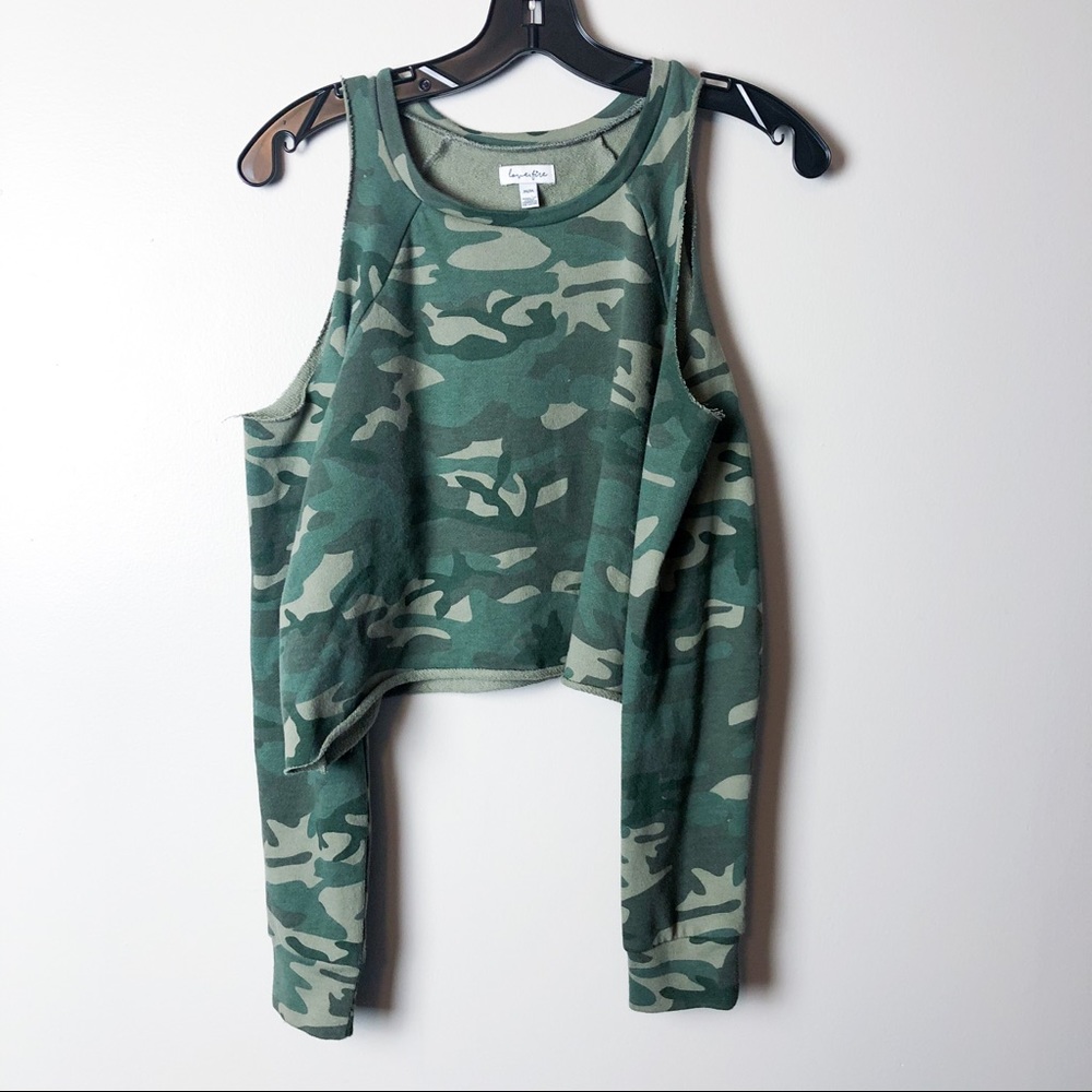 Love, Fire Cold Shoulder Cropped Camo Sweatshirt